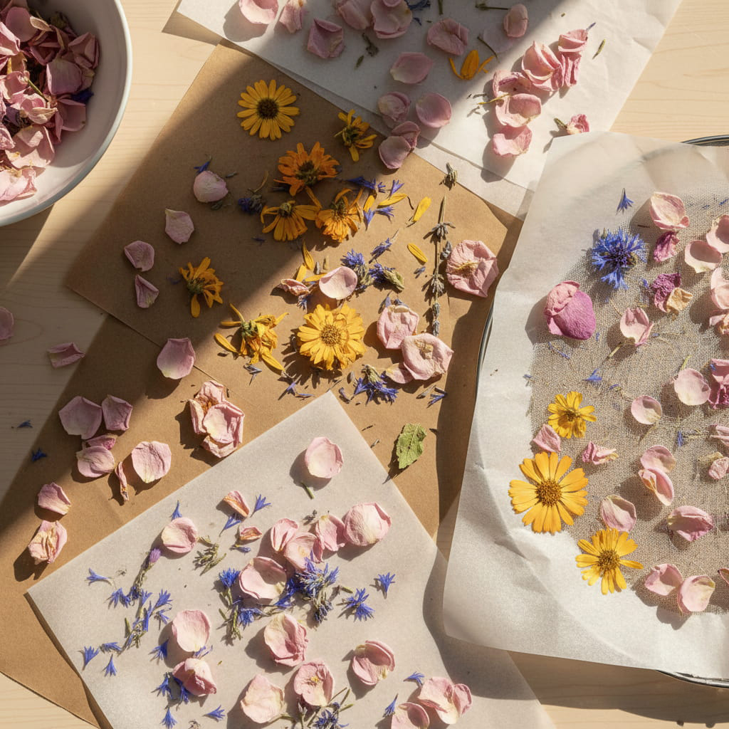 Getrocknete Blütenblätter auf Sieb und Backpapier, sanftes Licht, verschiedene Methoden zum Trocknen von Blüten.