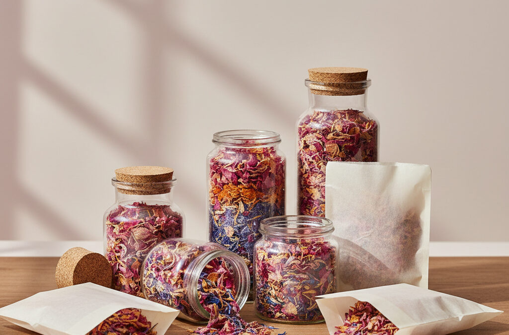 Getrocknete Blütenkonfetti in Glasgläsern und Papiertüten, natürlich beleuchtete, sanfte Deko-Szene.