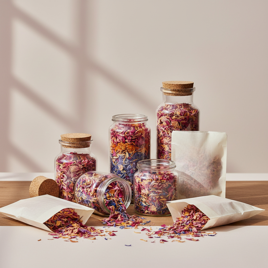 Getrocknete Blütenkonfetti in Glasgläsern und Papiertüten, natürlich beleuchtete, sanfte Deko-Szene.