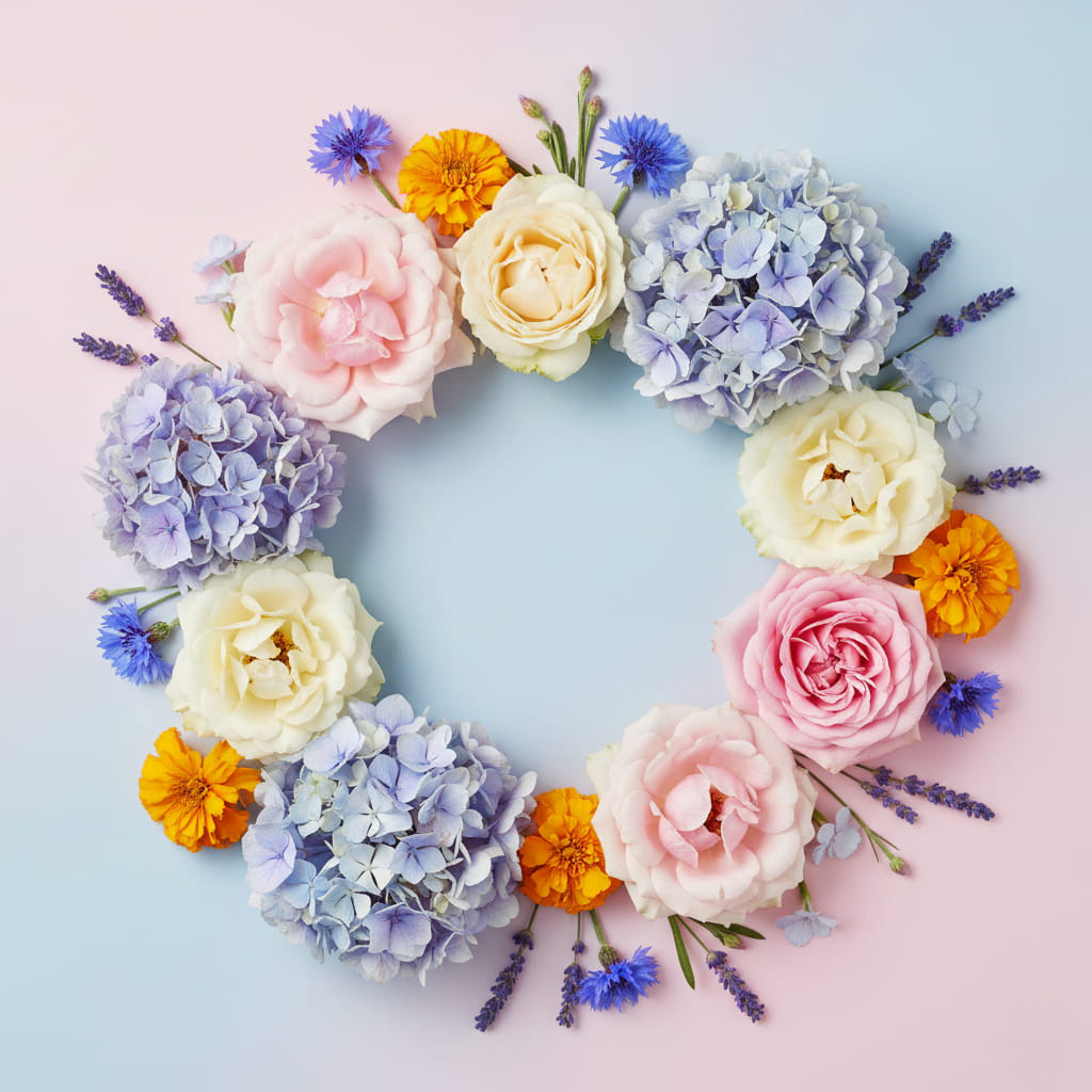 Farbenfrohe Auswahl frischer Blumen wie Rosen, Hortensien, Kornblumen und Lavendel in einer dekorativen Anordnung.