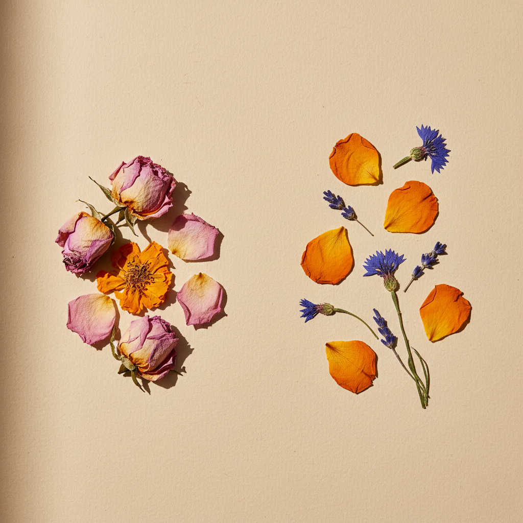 Vergleich zwischen verwelkten und perfekt getrockneten Blütenblättern auf hellem Hintergrund.